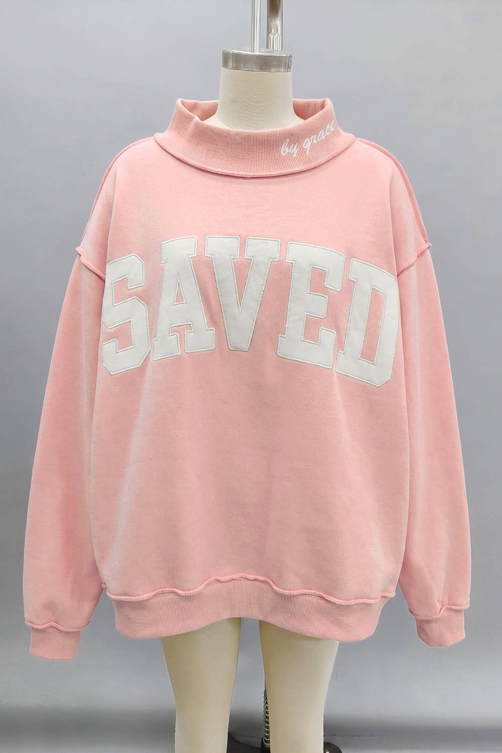 Embroidered "SAVED" Mock Neck Sweatshirt