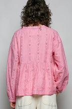 Pol Clothing - Cotton Eyelet Lace Empire Blouse Top: CANDY PINK
