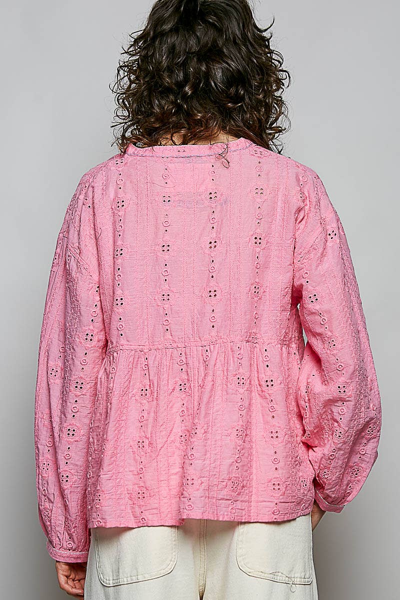 Pol Clothing - Cotton Eyelet Lace Empire Blouse Top: CANDY PINK