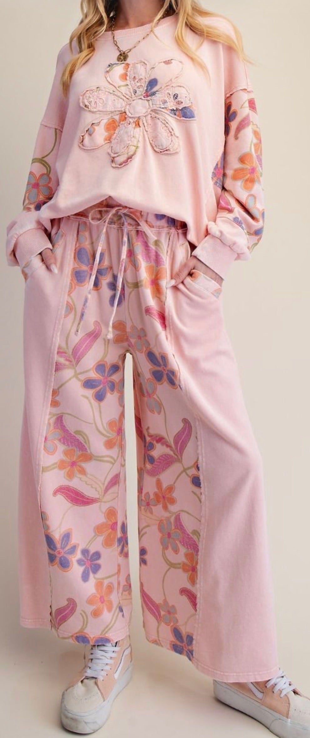 Coral Floral Terry Pant Set