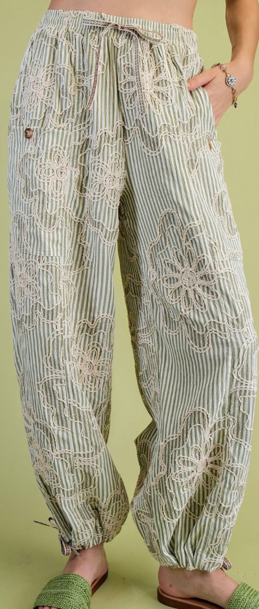 Sage Embroidered Stripe Pants