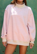 Pink/Oatmeal Stripe Print Mock Neck Oversized Sweatshirt