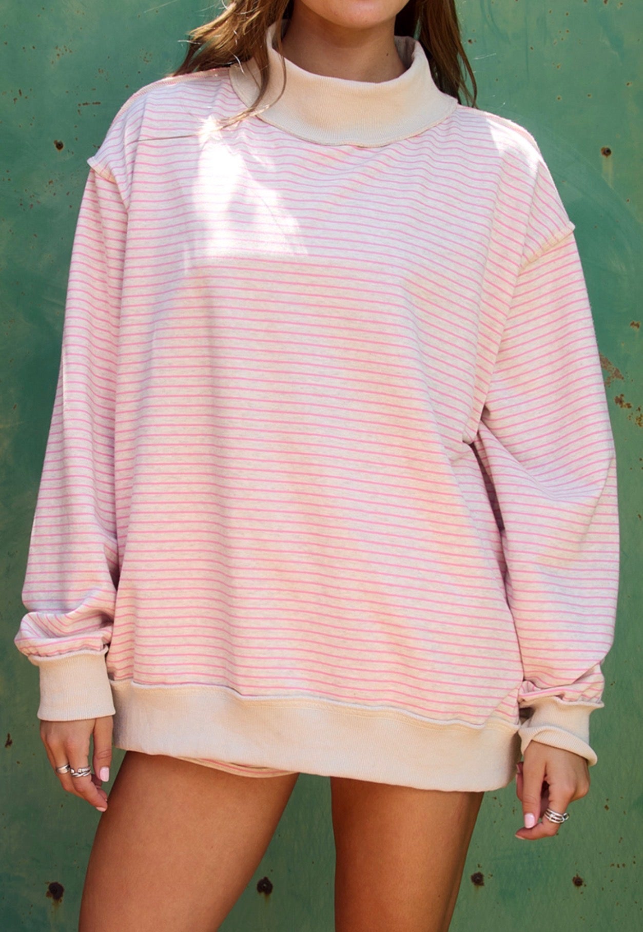 Pink/Oatmeal Stripe Print Mock Neck Oversized Sweatshirt