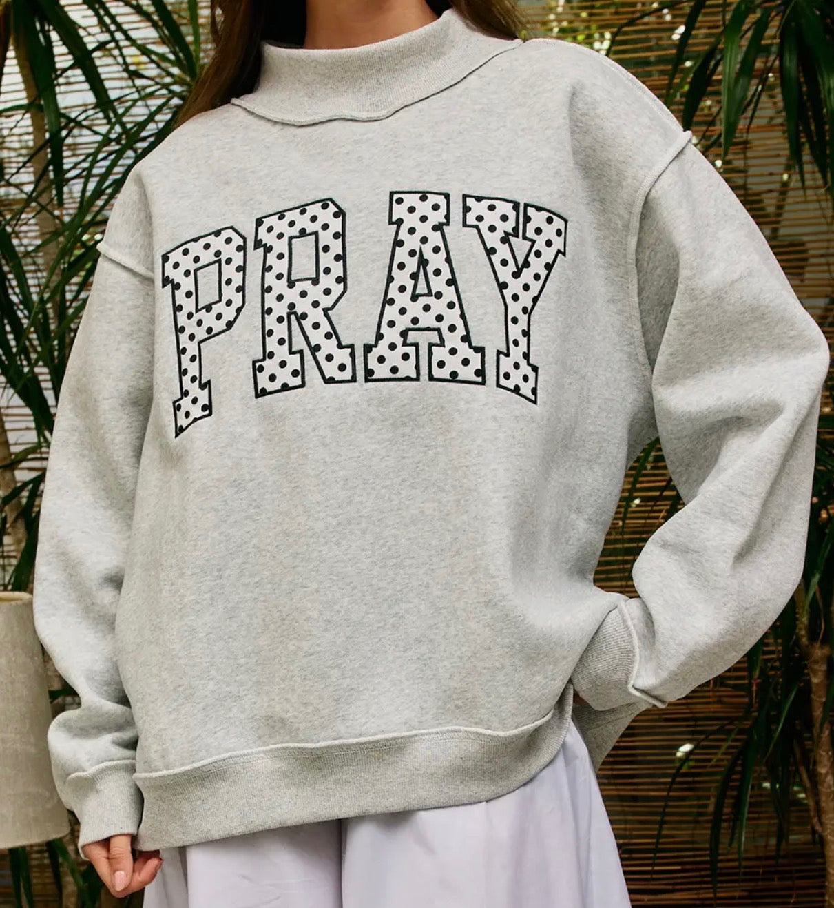 Pray Embroidered Mock Neck