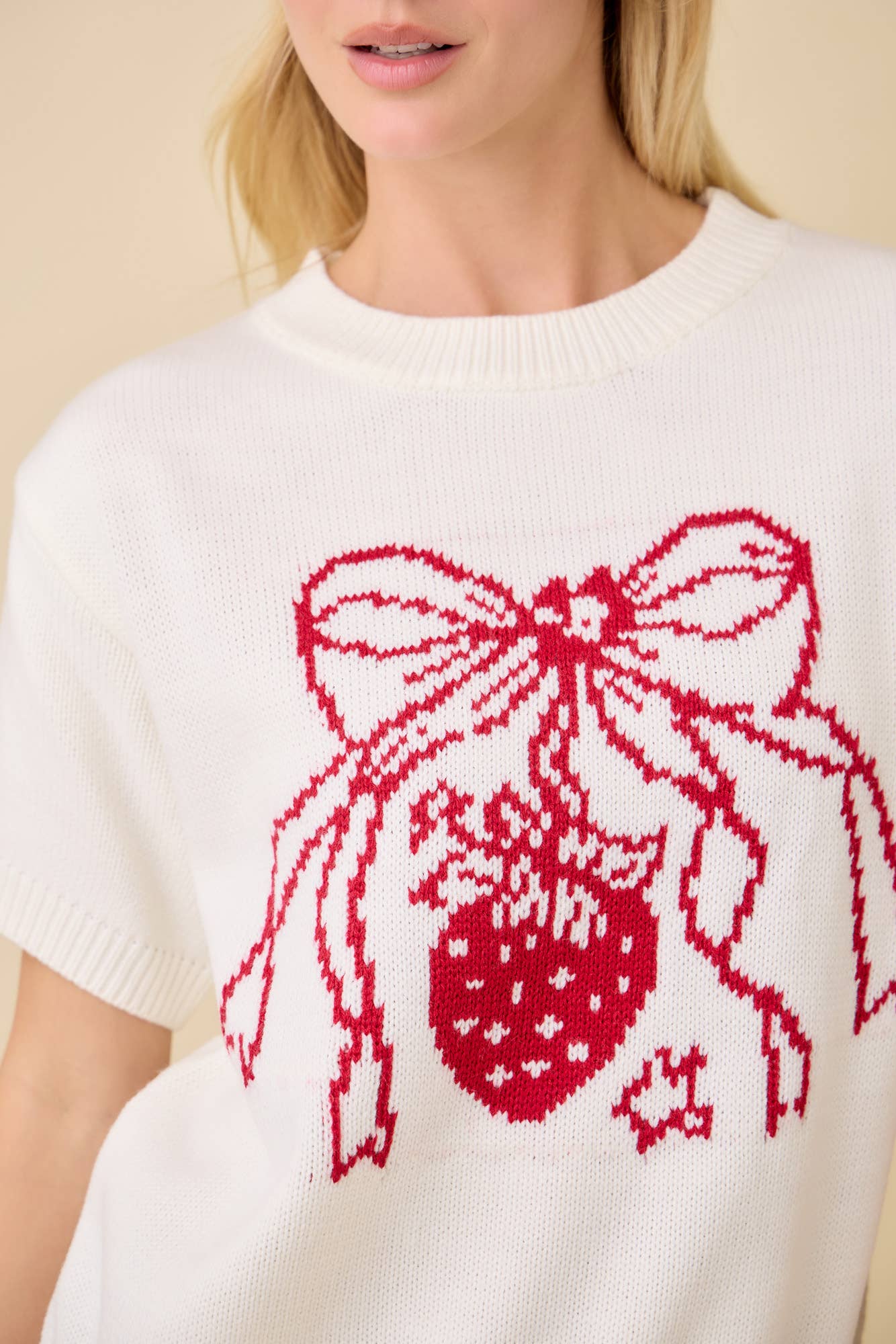 Main Strip - Boxy Sweater Knit Short Sleeve Top With Strawberry Bow Print: IVORY / S-L