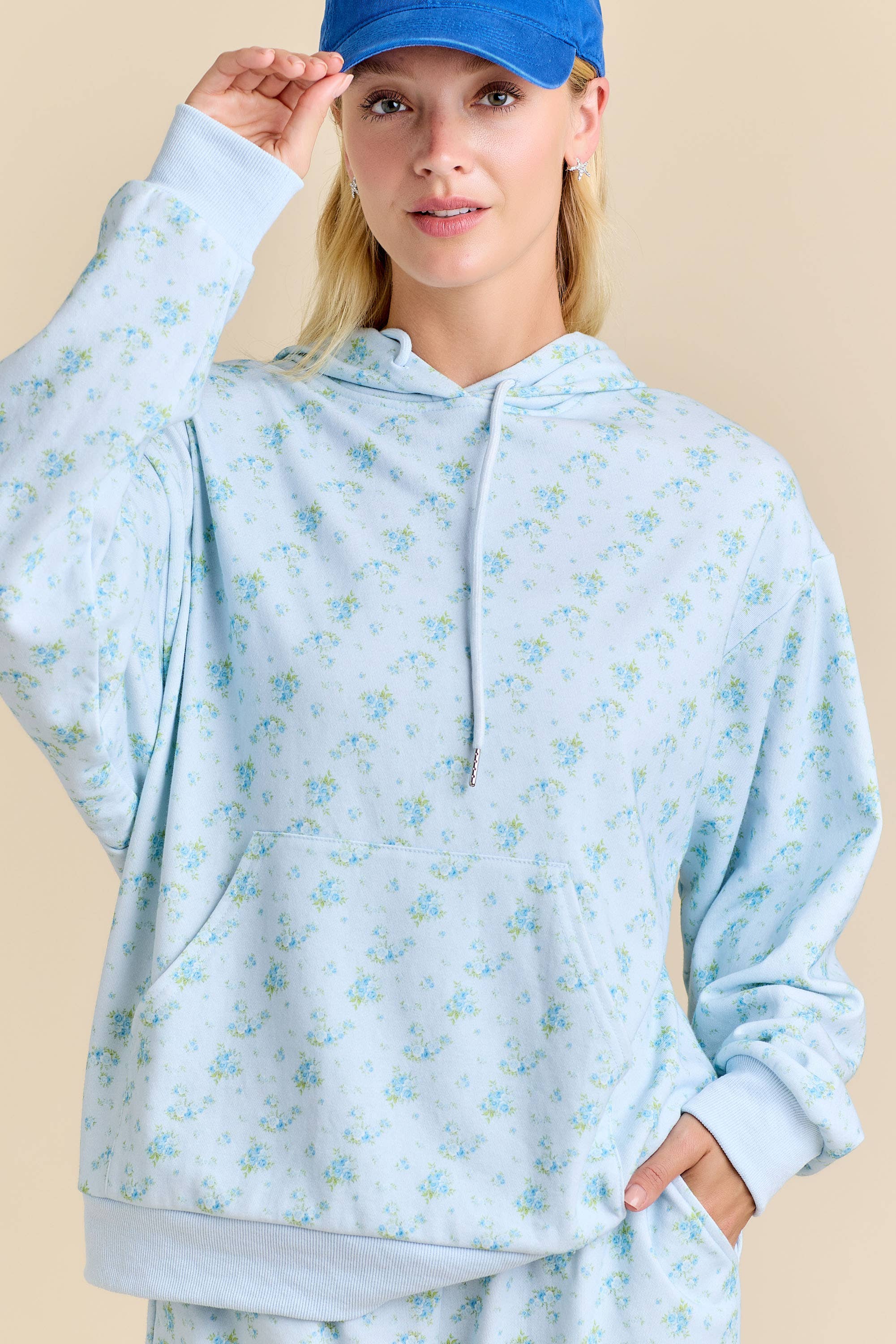 Main Strip - Floral Print Hoodie Set – Pastel Cozy Loungewear🌷: LIGHT BLUE