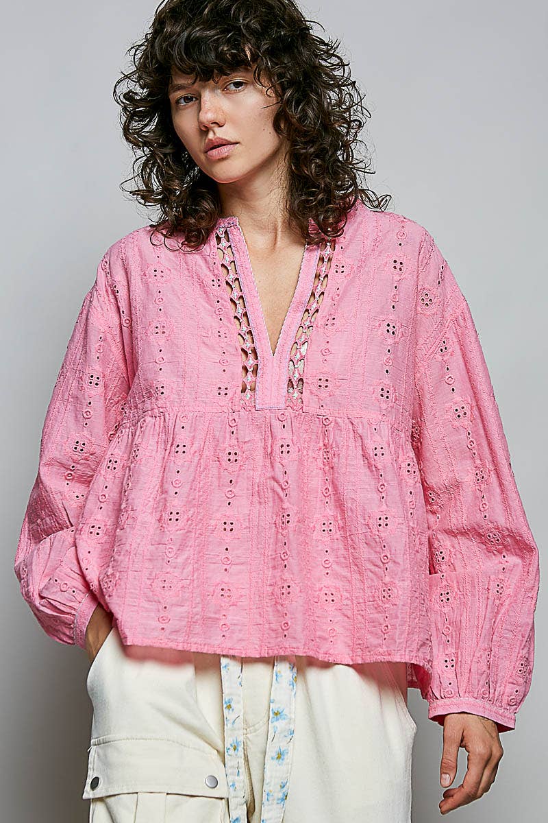 Pol Clothing - Cotton Eyelet Lace Empire Blouse Top: CANDY PINK
